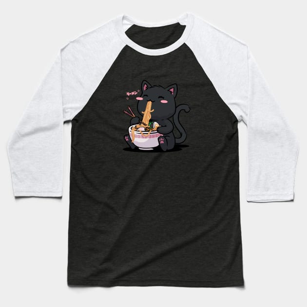 Ramen Cat Kawaii Neko Ramen Bowl Anime Black Cat Baseball T-Shirt by vo_maria